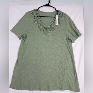 Chico's Olive Lace Accent Short Sleeve Top